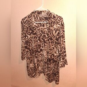 Chicos Travelers Leopard Print Open Front Ruffle Cardigan 3/4 Sleeve 2 or L